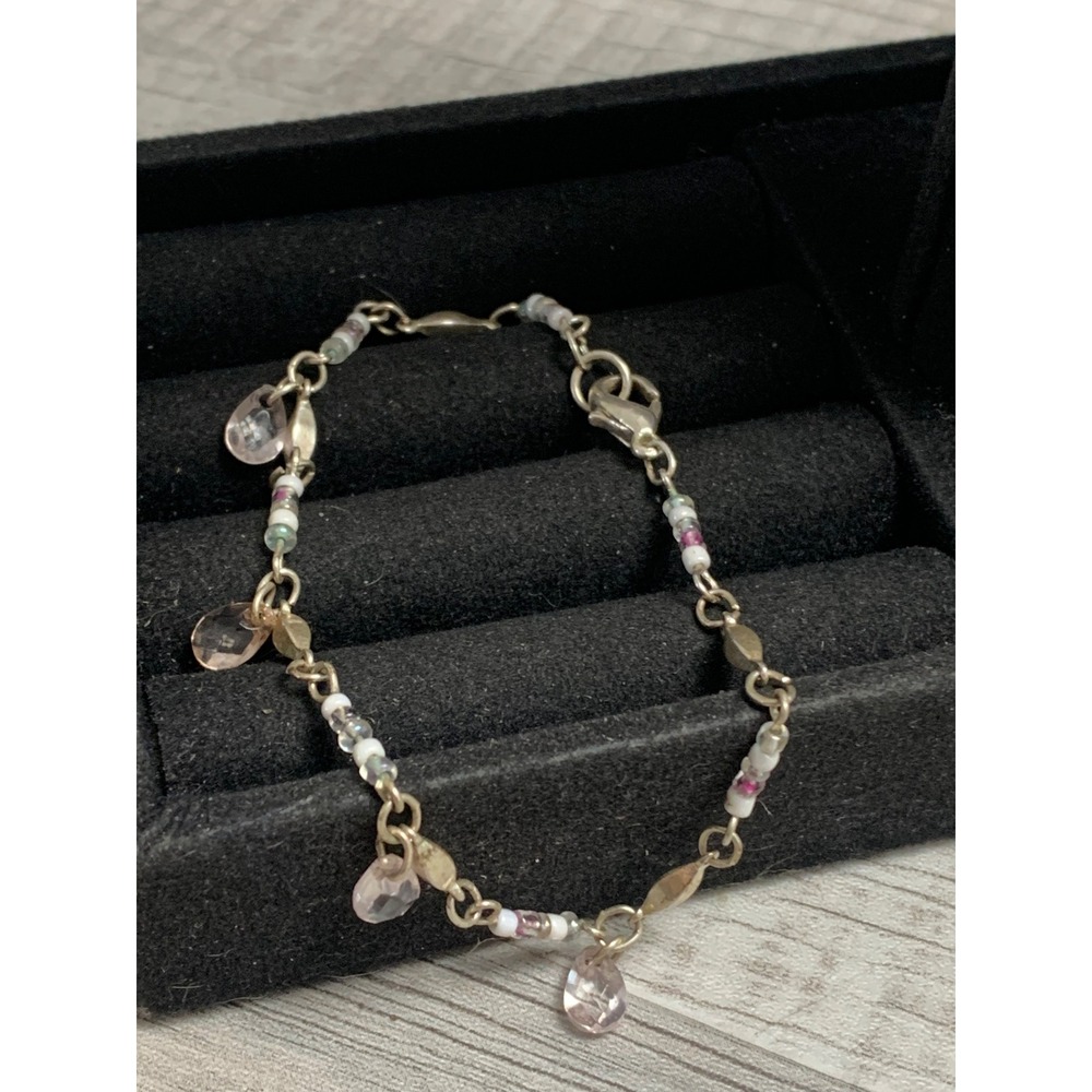 Pink Teardrop Charm Bracelet Silver Tone Multi Color Seed Beads 7.75 Inch